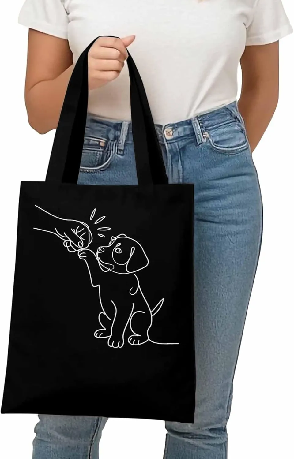 Canvas Tote Bag Cute Dog High Five Reusable Grocery Shopping Bags with Handle, Sketch Art Large Canvas