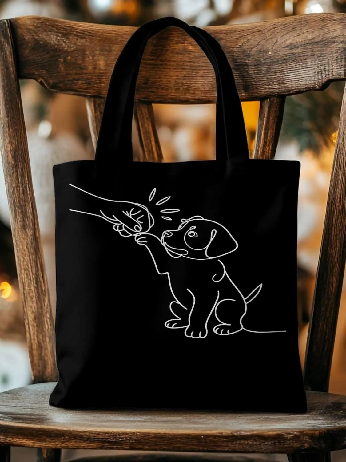 Canvas Tote Bag Cute Dog High Five Reusable Grocery Shopping Bags with Handle, Sketch Art Large Canvas