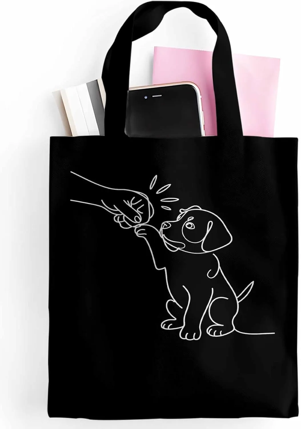 Canvas Tote Bag Cute Dog High Five Reusable Grocery Shopping Bags with Handle, Sketch Art Large Canvas