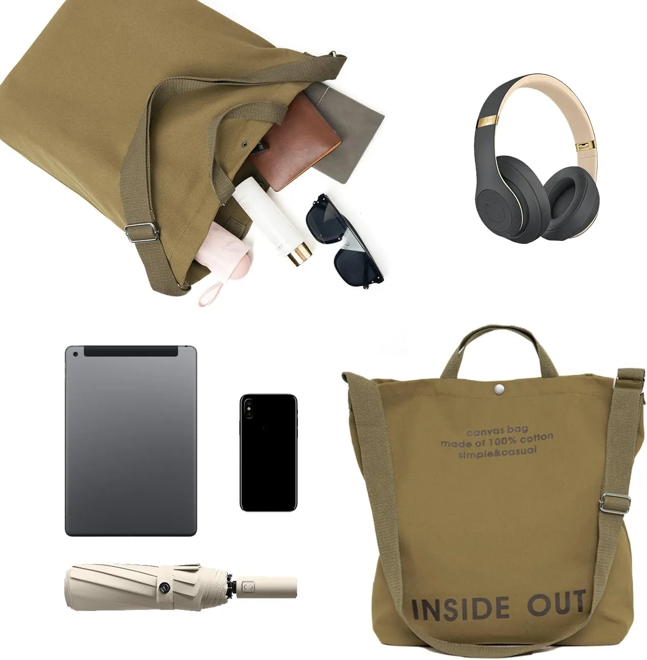 Canvas Tote Bag For Women inside out bag Crossbody Handbag with Adjustable Strap and Coin Purse for Work,Travel,Grocery
