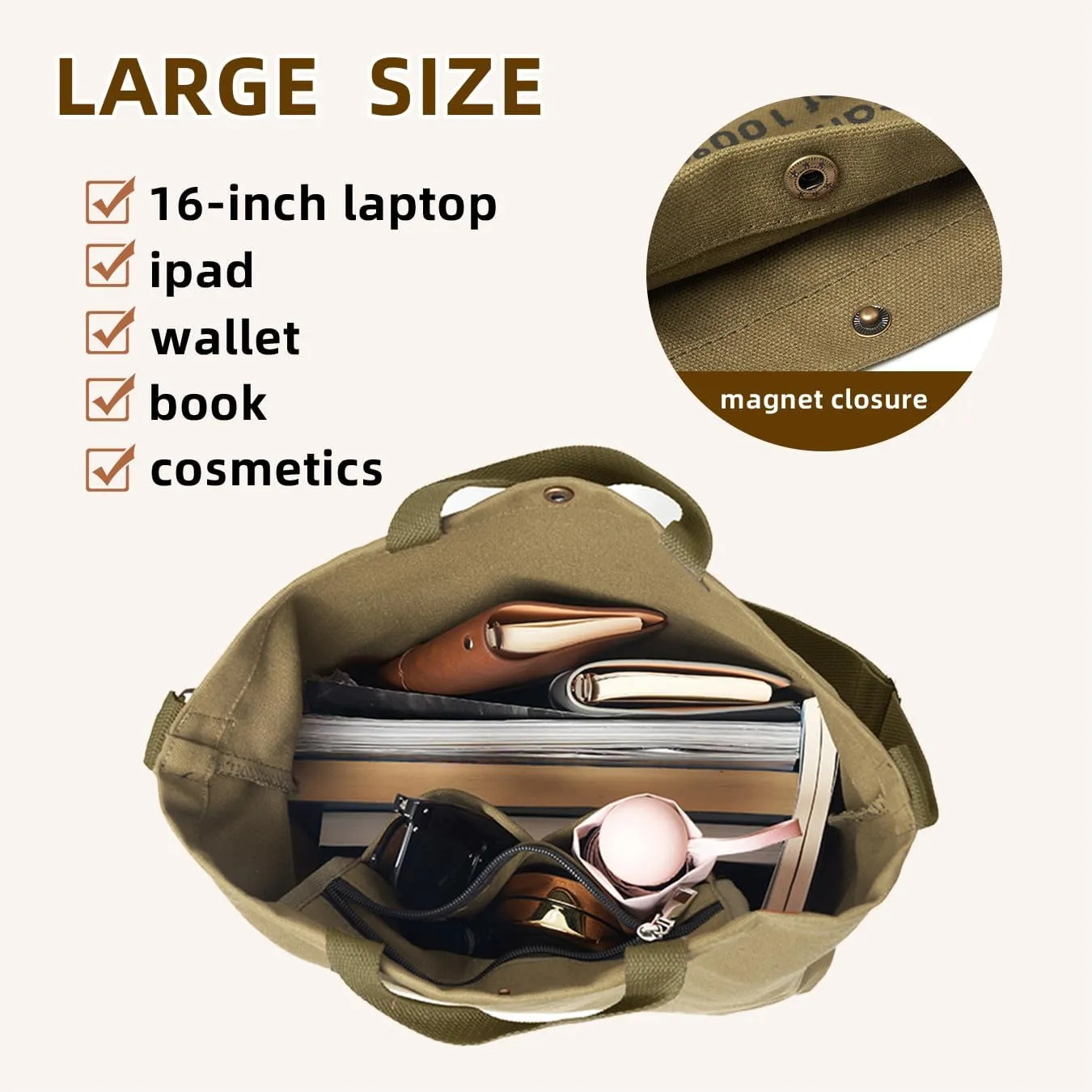 Canvas Tote Bag For Women inside out bag Crossbody Handbag with Adjustable Strap and Coin Purse for Work,Travel,Grocery
