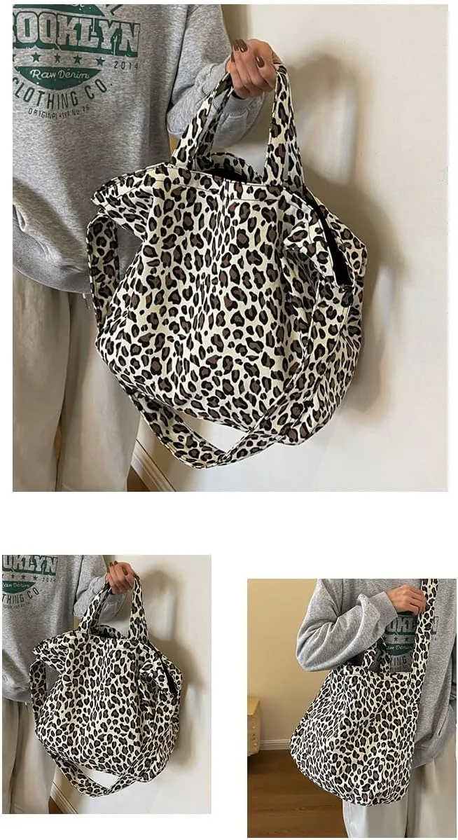 Canvas Tote Bag for Women Large Capacity Shoulder Bag Casual Fashion Leopard Print Handbag with Top Handles (White)