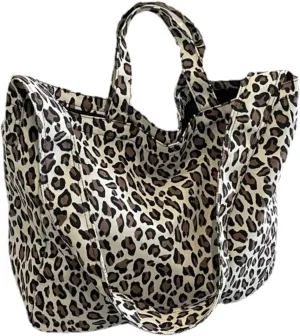 Canvas Tote Bag for Women Large Capacity Shoulder Bag Casual Fashion Leopard Print Handbag with Top Handles (White)