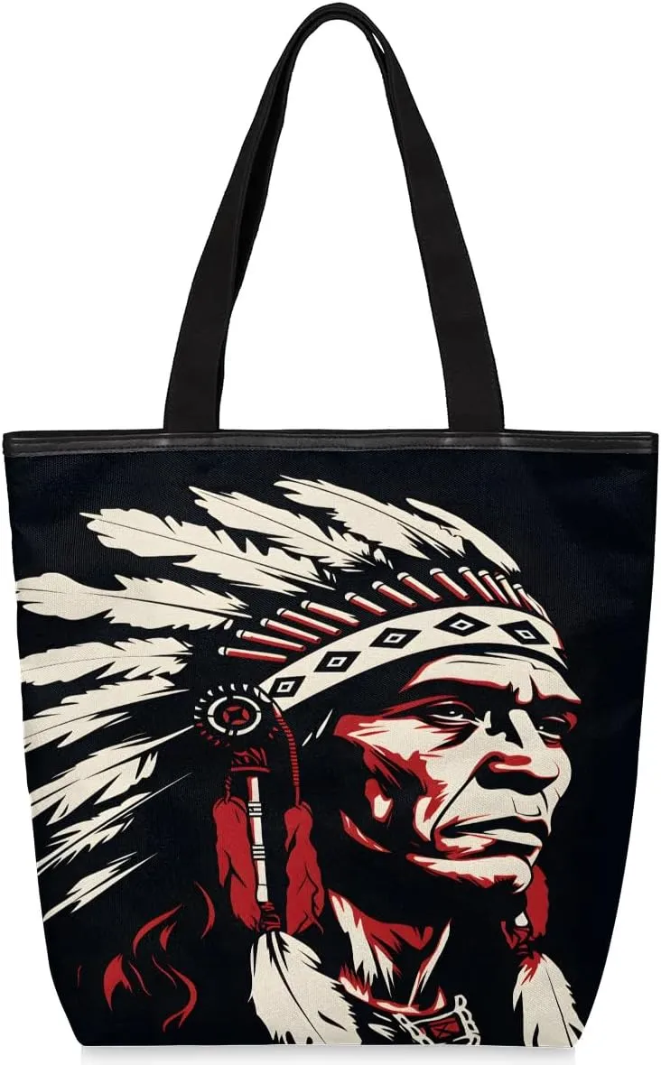 Canvas Tote Bag for Women Men Abstract Tribal Patriarch Canvas Handbag Shoulder Tote Bag with Zipper Closure Reusable Grocery Bag Shopping Cloth Bag with Handles for Beach Gym Picnic Work
