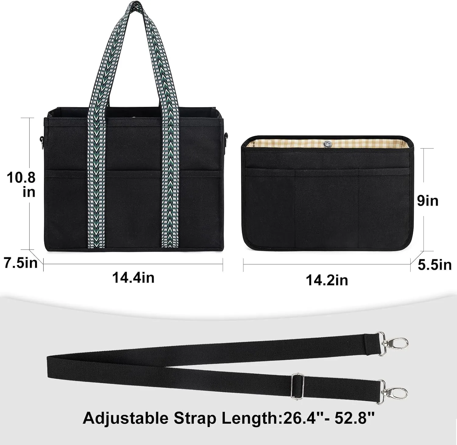 Canvas Tote Bag Set with Purse Bag Organizer Insert, Travel Tote Handbag Shoulder Bag with Zipper Crossbody Purse for Women