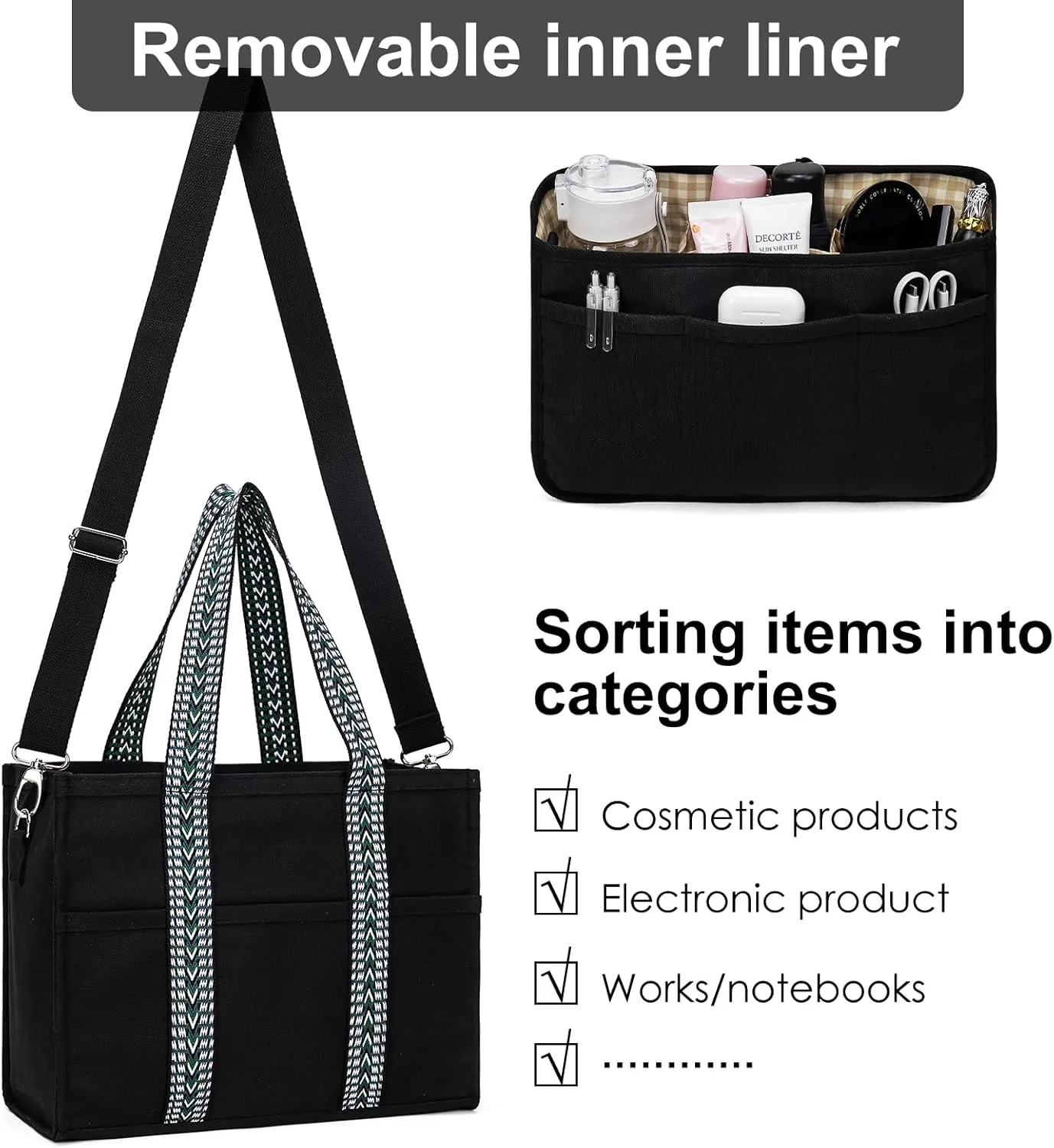 Canvas Tote Bag Set with Purse Bag Organizer Insert, Travel Tote Handbag Shoulder Bag with Zipper Crossbody Purse for Women