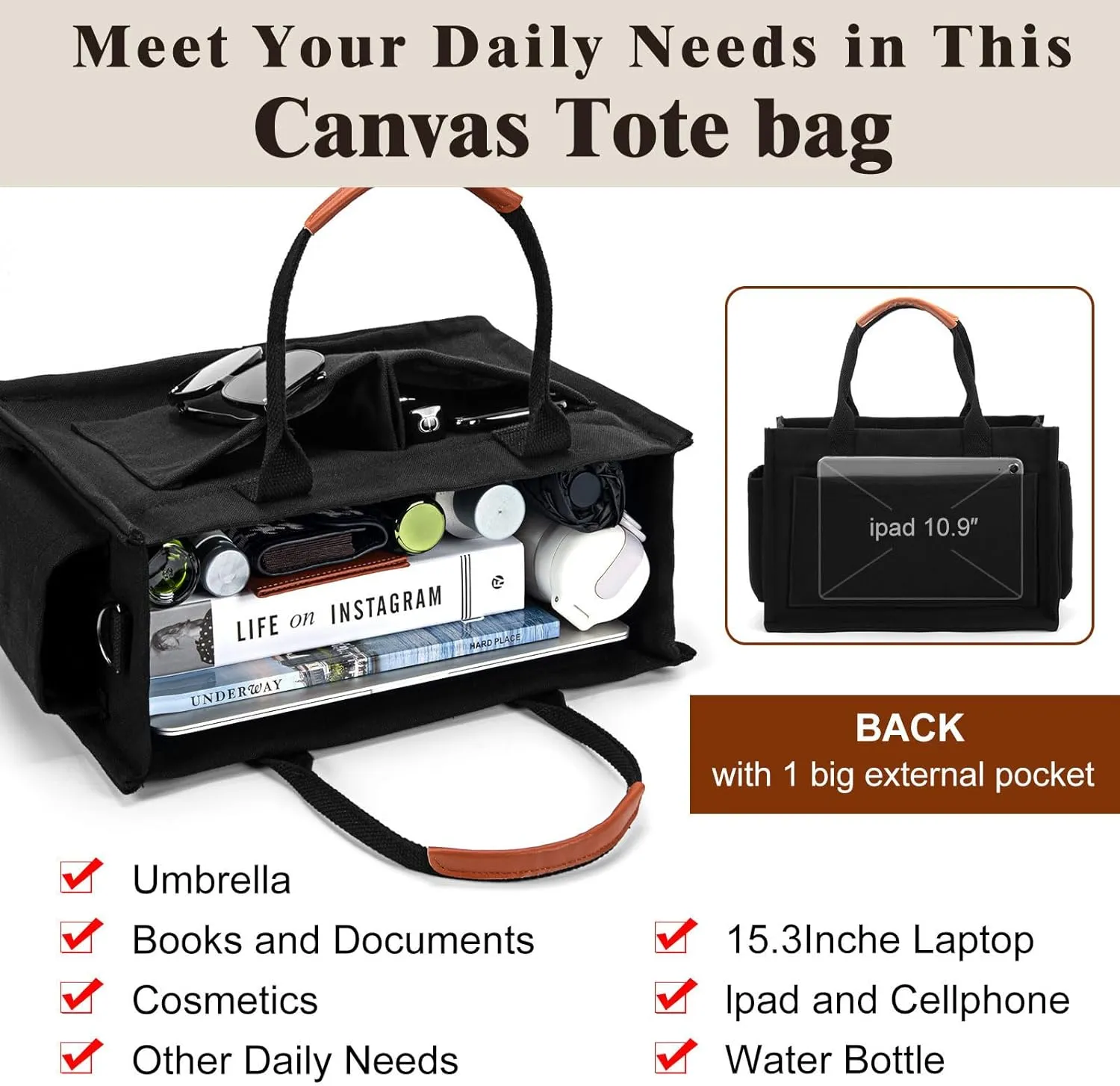 Canvas Tote Bag with Pockets Work Tote Bags for Women Laptop Work Crossbody Tote Purse Tote Bag Shoulder Handbags