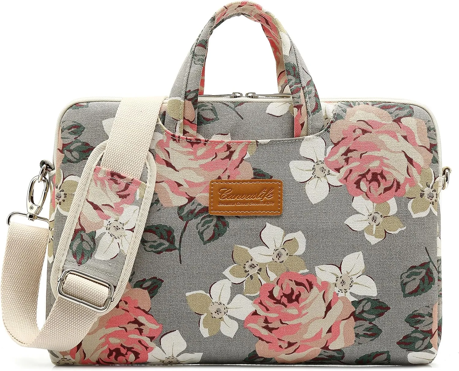 canvaslife Grey Rose Pattern 15 inch Waterproof Laptop Shoulder Messenger Bag for 14 inch to15.6 inch Laptop and MacBook Pro 15 Laptop Case
