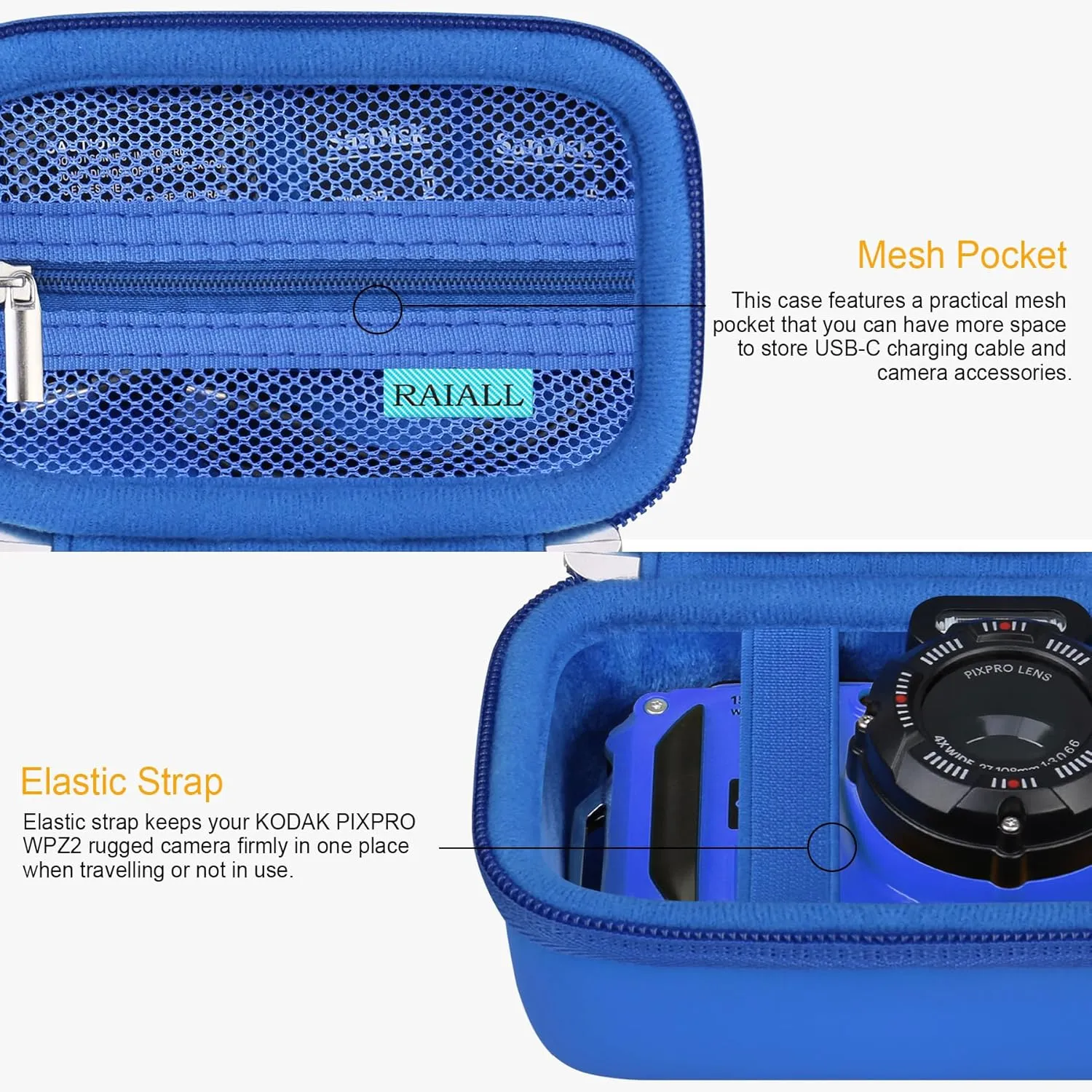 Carrying Case for KODAK PIXPRO WPZ2 Rugged Waterproof Digital Camera, Underwater Photography Camera Hard Travel Bag, Mesh Pocket for Battery, USB Cable and SD Card, Blue