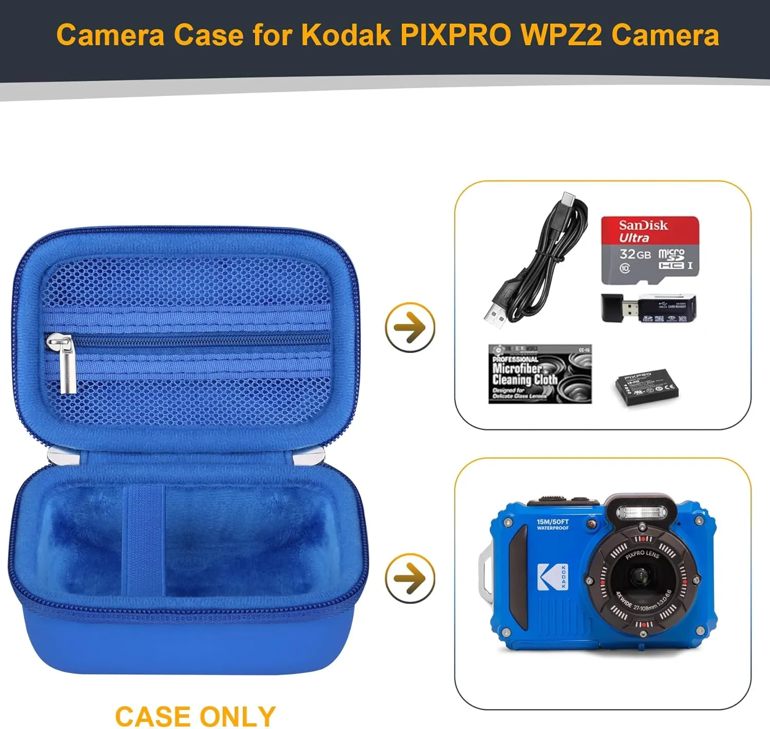 Carrying Case for KODAK PIXPRO WPZ2 Rugged Waterproof Digital Camera, Underwater Photography Camera Hard Travel Bag, Mesh Pocket for Battery, USB Cable and SD Card, Blue