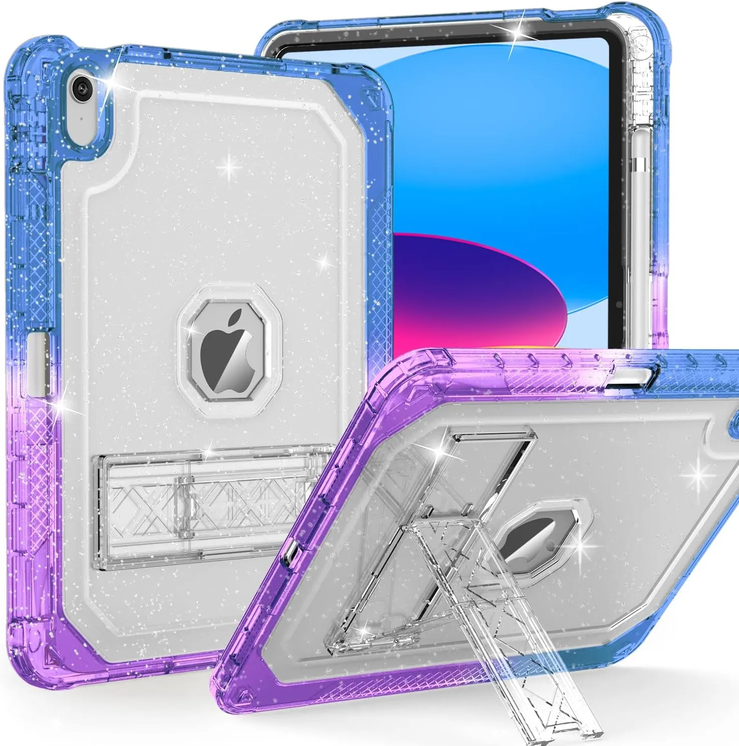Case for iPad 11-inch (A16) 2025 / iPad 10th Gen 10.9 inch 2022, Heavy Duty Shockproof Rugged Protective with Pencil Holder, 11th / 10th Translucent Cover with Kickstand Kids, Blue to Purple