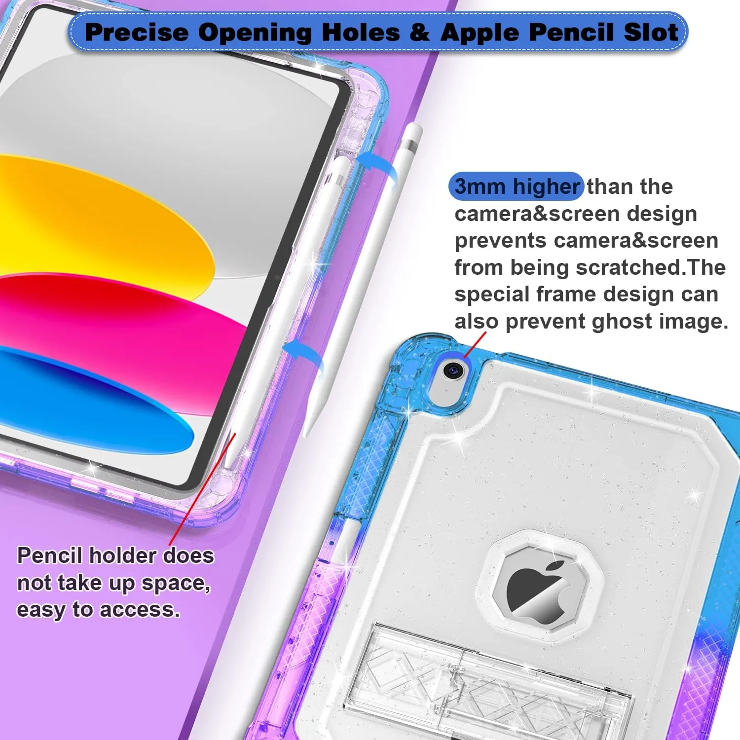 Case for iPad 11-inch (A16) 2025 / iPad 10th Gen 10.9 inch 2022, Heavy Duty Shockproof Rugged Protective with Pencil Holder, 11th / 10th Translucent Cover with Kickstand Kids, Blue to Purple