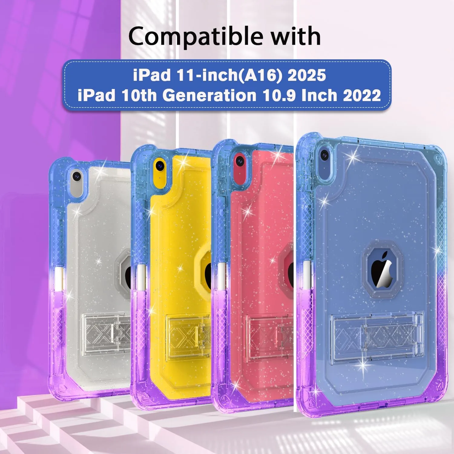 Case for iPad 11-inch (A16) 2025 / iPad 10th Gen 10.9 inch 2022, Heavy Duty Shockproof Rugged Protective with Pencil Holder, 11th / 10th Translucent Cover with Kickstand Kids, Blue to Purple