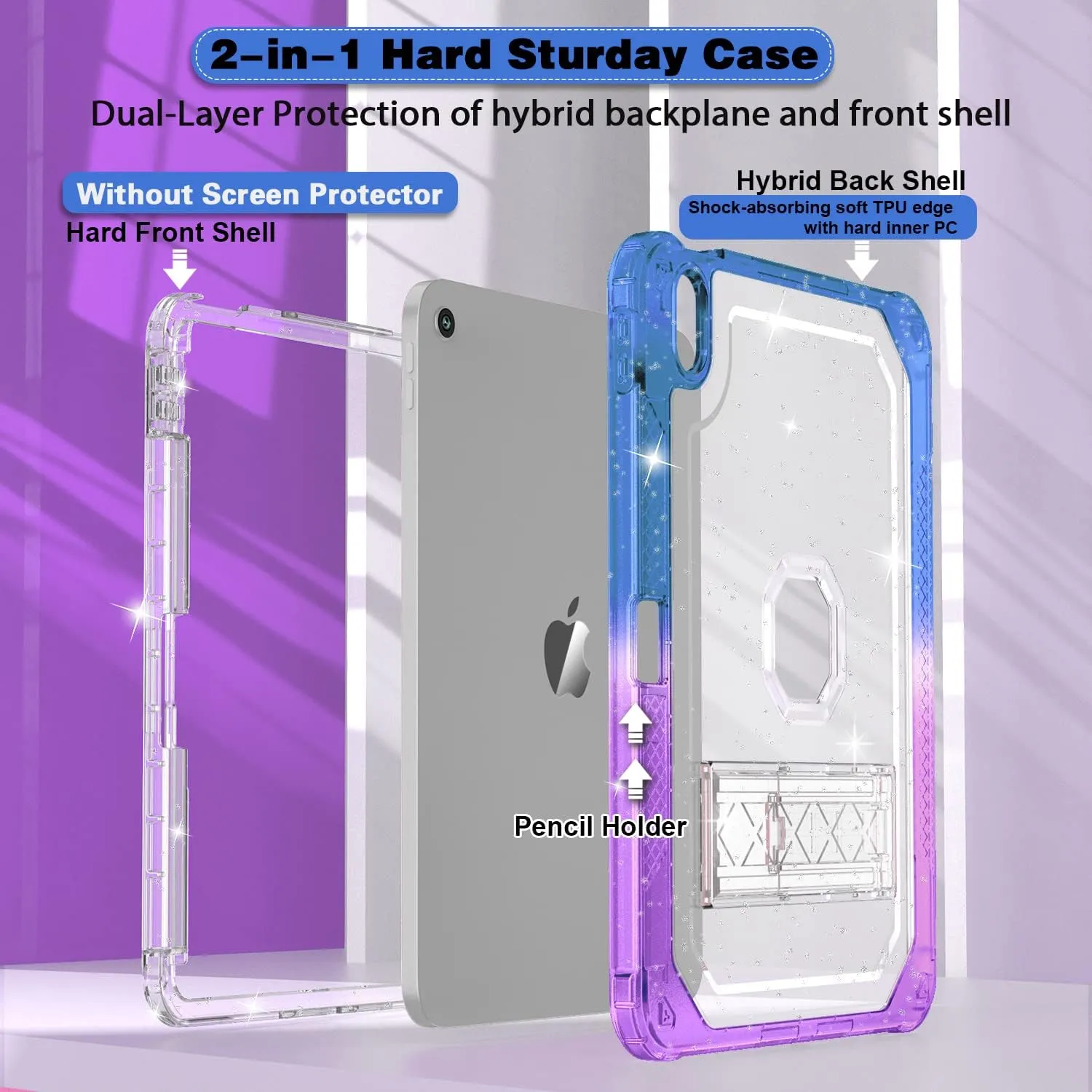 Case for iPad 11-inch (A16) 2025 / iPad 10th Gen 10.9 inch 2022, Heavy Duty Shockproof Rugged Protective with Pencil Holder, 11th / 10th Translucent Cover with Kickstand Kids, Blue to Purple