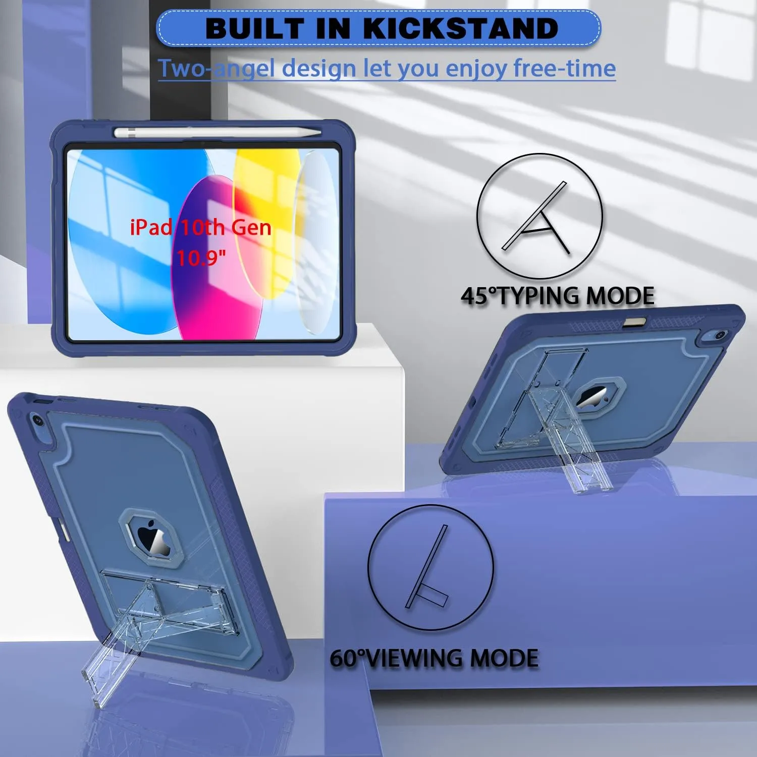 Case for iPad 11-inch (A16) 2025 / iPad 10th Gen 10.9 inch 2022, Heavy Duty Shockproof Rugged Protective with Pencil Holder, 11th / 10th Translucent Cover with Kickstand Kids, Navy Blue