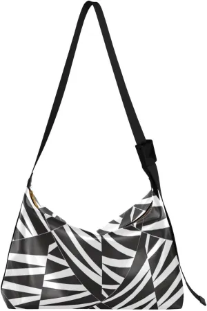 Casual Shoulder Bag Crossbody Geometric Pattern Hobo Handbag Purses with Wide Shoulder Strap Black and White Trendy Large Messenger Bag Tote Bags for Women Men