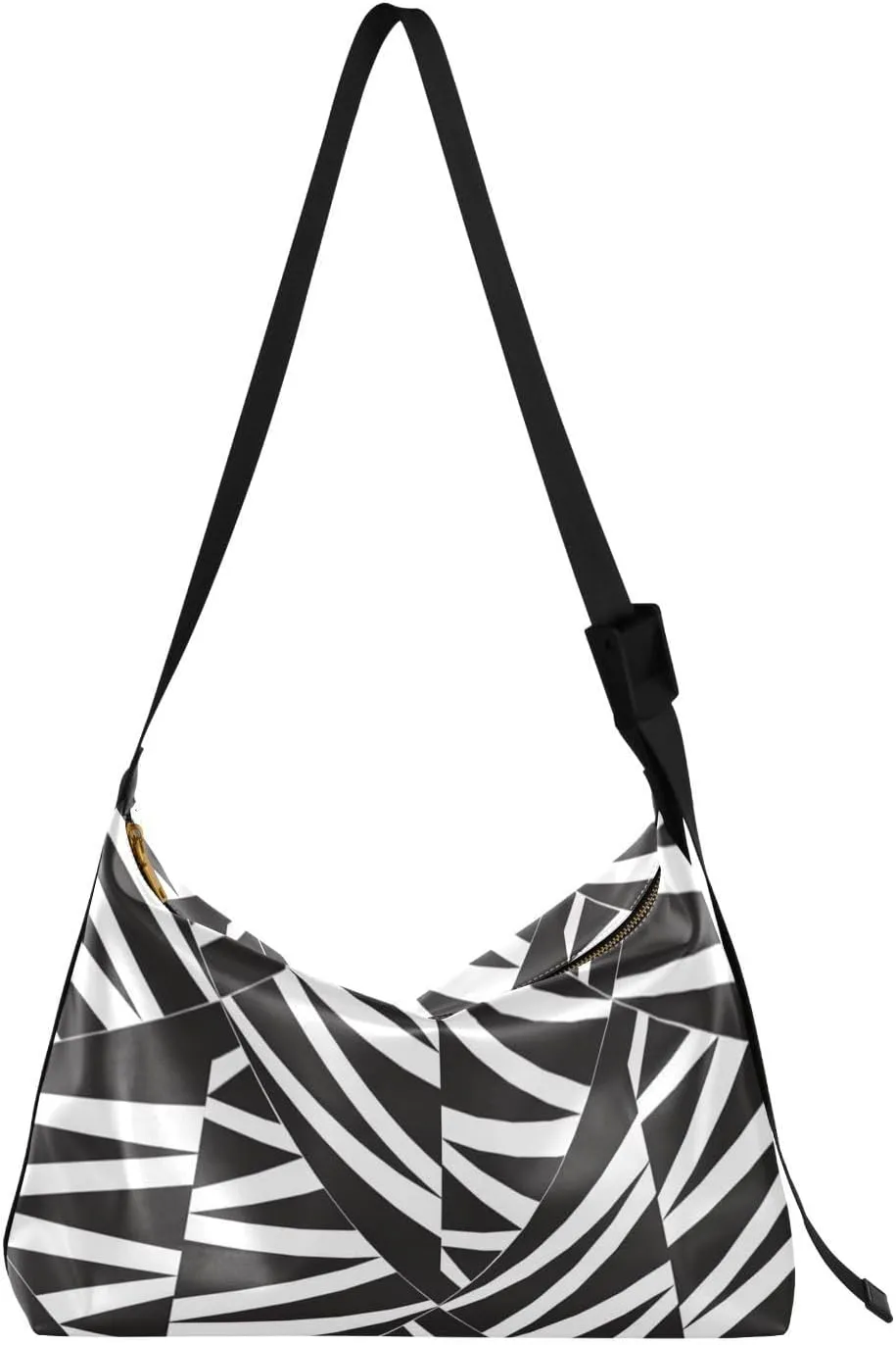 Casual Shoulder Bag Crossbody Geometric Pattern Hobo Handbag Purses with Wide Shoulder Strap Black and White Trendy Large Messenger Bag Tote Bags for Women Men