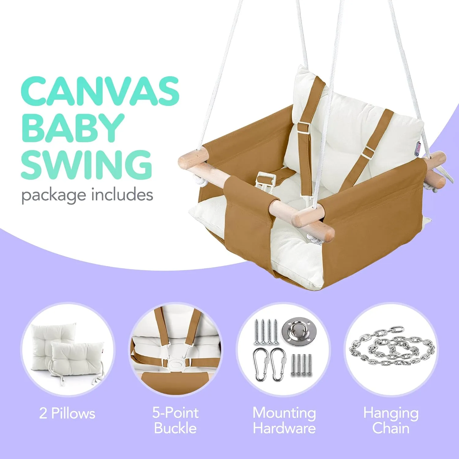 CaTeam - Canvas Baby Swing Chair, Wooden Hanging Seat with Safety Belt, Durable and Comfortable for Kids, Indoor and Outdoor Use, Mounting Hardware Included, Ocher