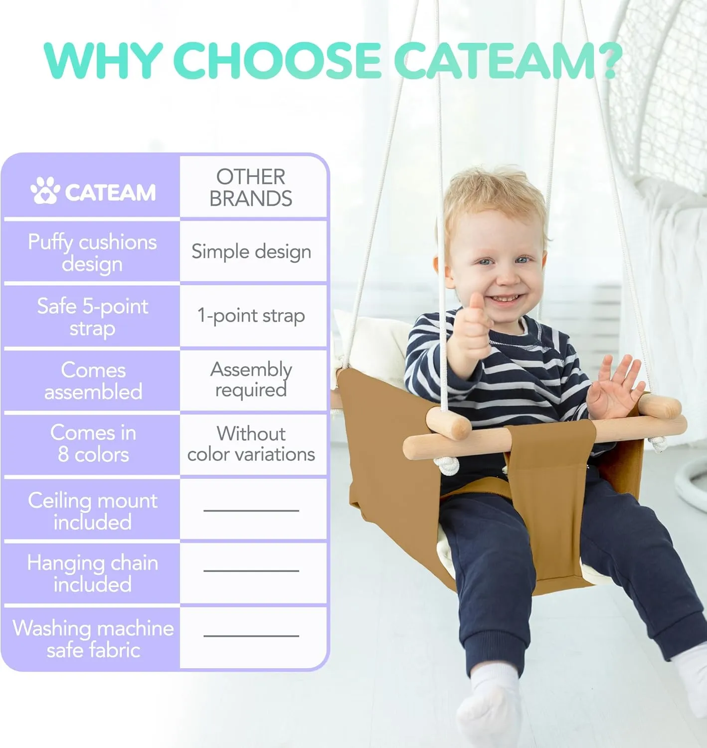 CaTeam - Canvas Baby Swing Chair, Wooden Hanging Seat with Safety Belt, Durable and Comfortable for Kids, Indoor and Outdoor Use, Mounting Hardware Included, Ocher