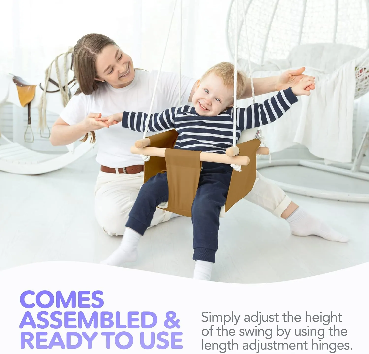 CaTeam - Canvas Baby Swing Chair, Wooden Hanging Seat with Safety Belt, Durable and Comfortable for Kids, Indoor and Outdoor Use, Mounting Hardware Included, Ocher