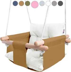 CaTeam - Canvas Baby Swing Chair, Wooden Hanging Seat with Safety Belt, Durable and Comfortable for Kids, Indoor and Outdoor Use, Mounting Hardware Included, Ocher