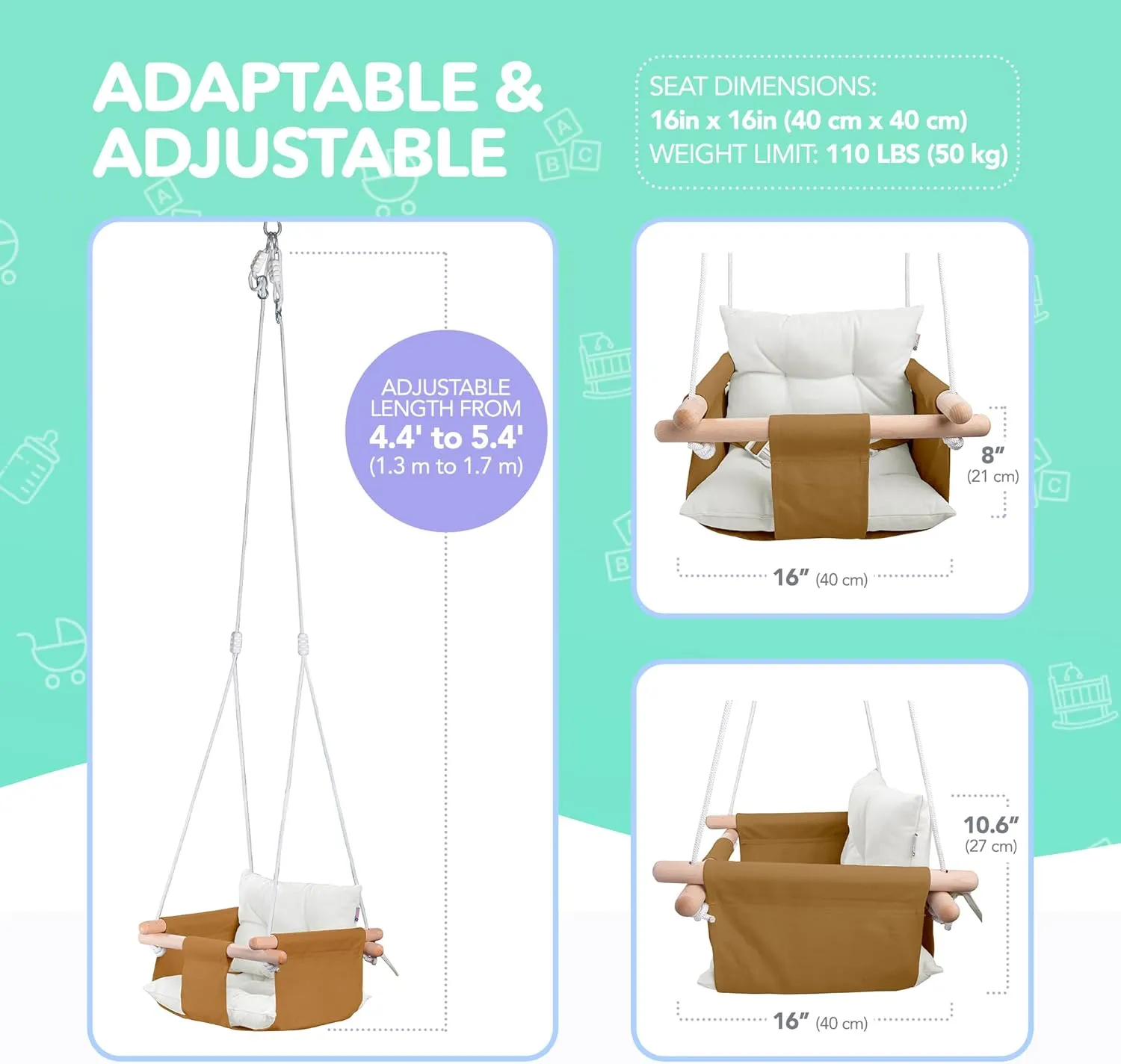 CaTeam - Canvas Baby Swing Chair, Wooden Hanging Seat with Safety Belt, Durable and Comfortable for Kids, Indoor and Outdoor Use, Mounting Hardware Included, Ocher
