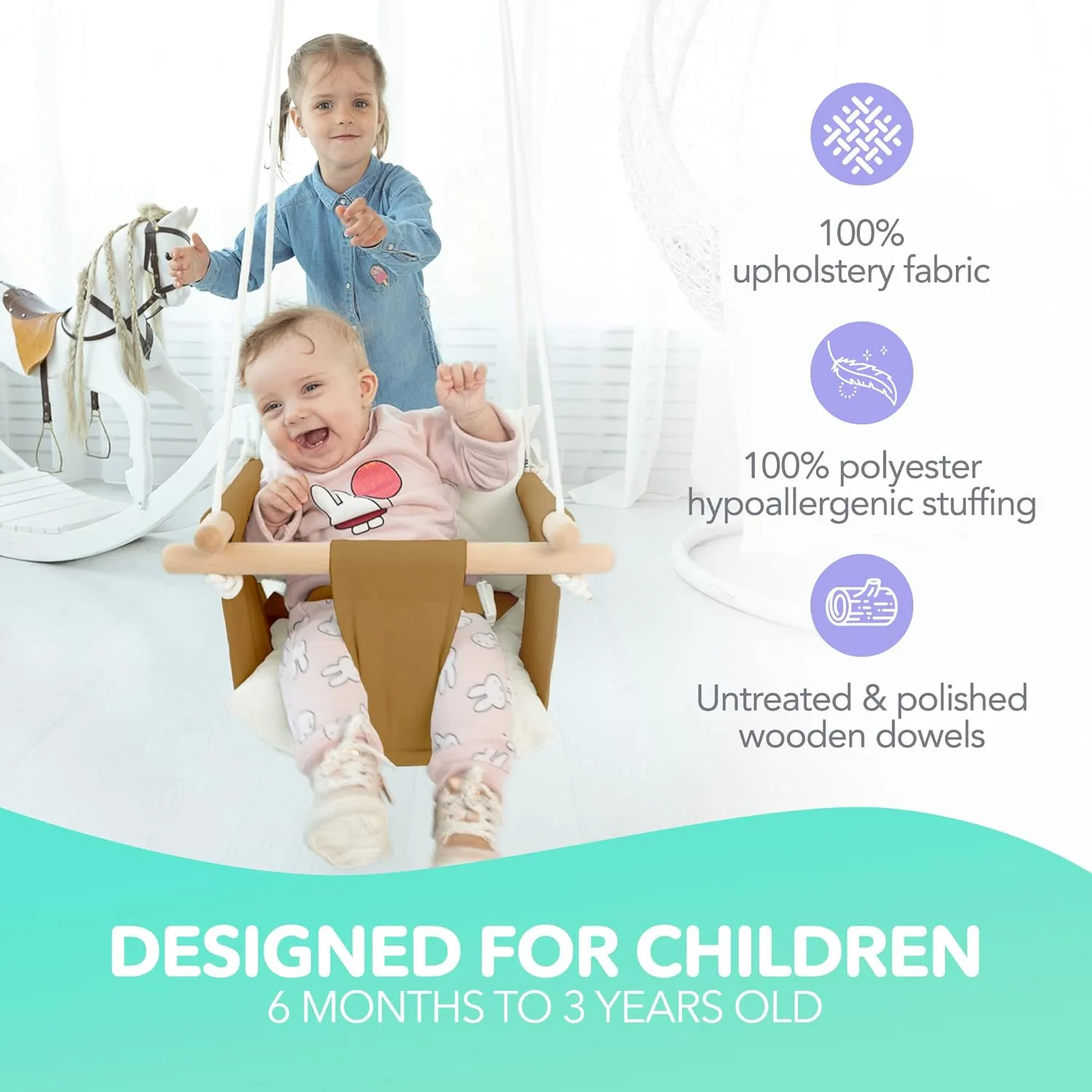 CaTeam - Canvas Baby Swing Chair, Wooden Hanging Seat with Safety Belt, Durable and Comfortable for Kids, Indoor and Outdoor Use, Mounting Hardware Included, Ocher