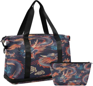 Chinese Dragon Duffel Bag Lightweight Carry On Gym Bags for Travel and Weekends, Versatile Overnight Bag with Shoe Compartment