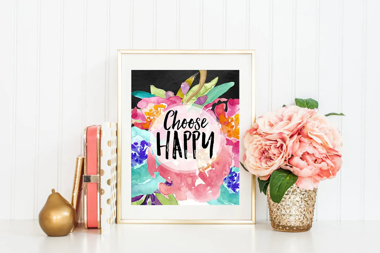 Choose Happy Art Print in Watercolor Florals