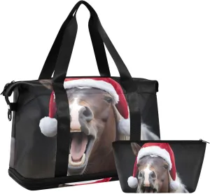 Christmas Hat Horse Duffel Bag Lightweight Carry On Gym Bags for Travel and Weekends, Versatile Overnight Bag with Shoe Compartment