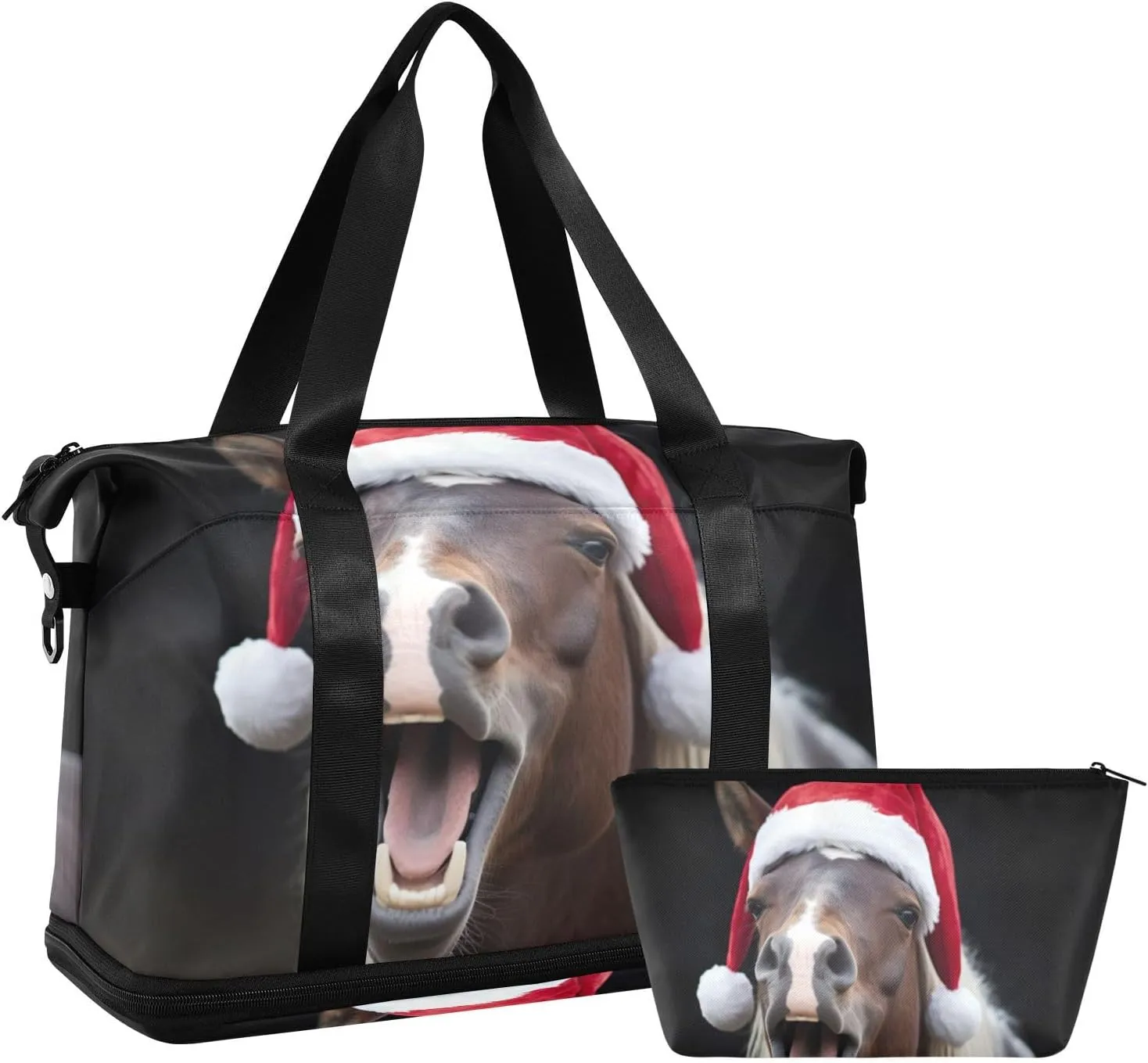 Christmas Hat Horse Duffel Bag Lightweight Carry On Gym Bags for Travel and Weekends, Versatile Overnight Bag with Shoe Compartment