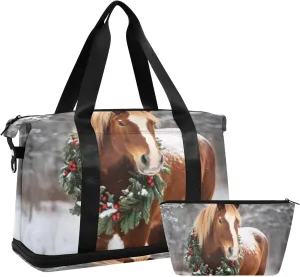 Christmas Horse Duffel Bag Lightweight Carry On Gym Bags for Travel and Weekends, Versatile Overnight Bag with Shoe Compartment