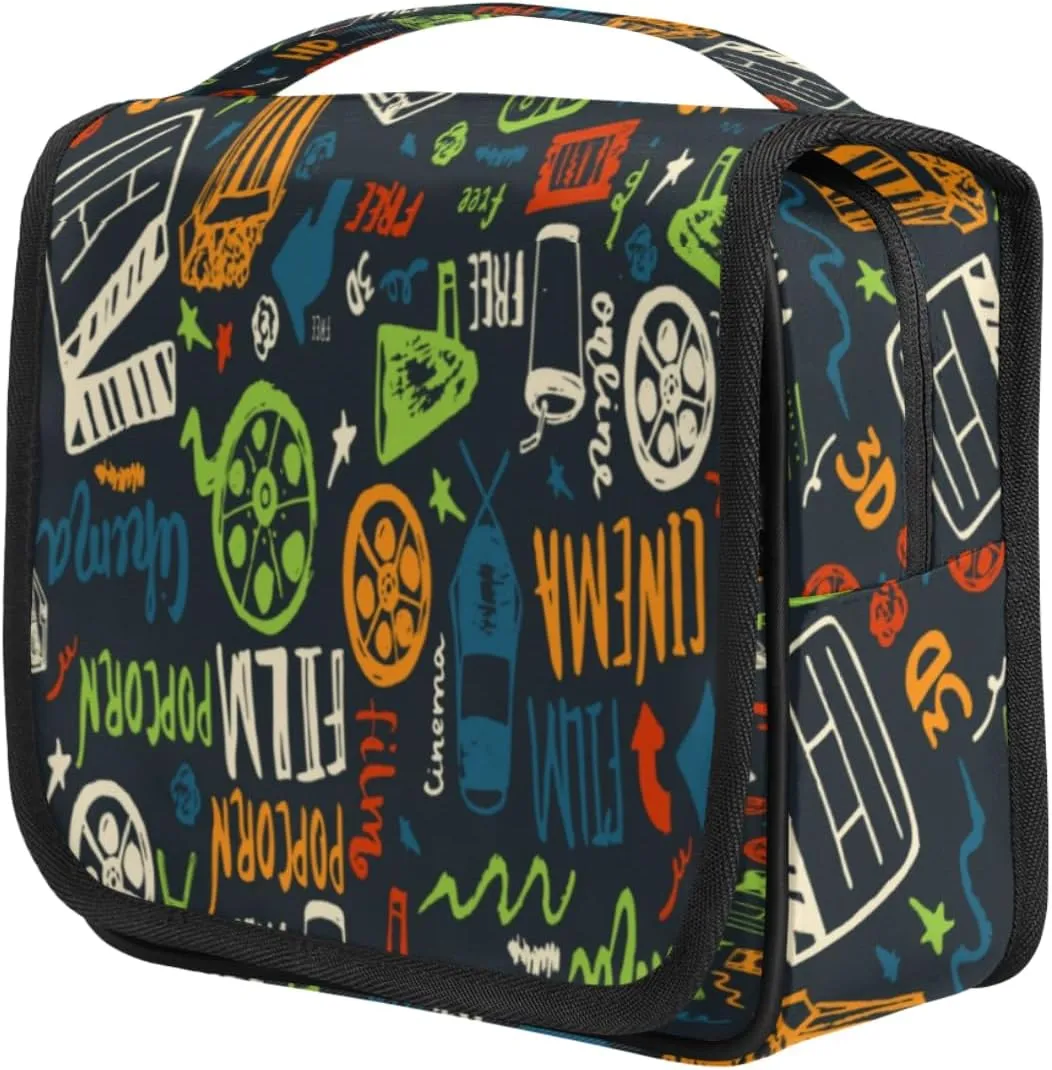 Cinema Film Travel Toiletry Bag for Women Portable Waterproof Travel Makeup Bag with Hanging Hook Makeup Cosmetic Organizer for Travel Business Trip Camping Bathroom