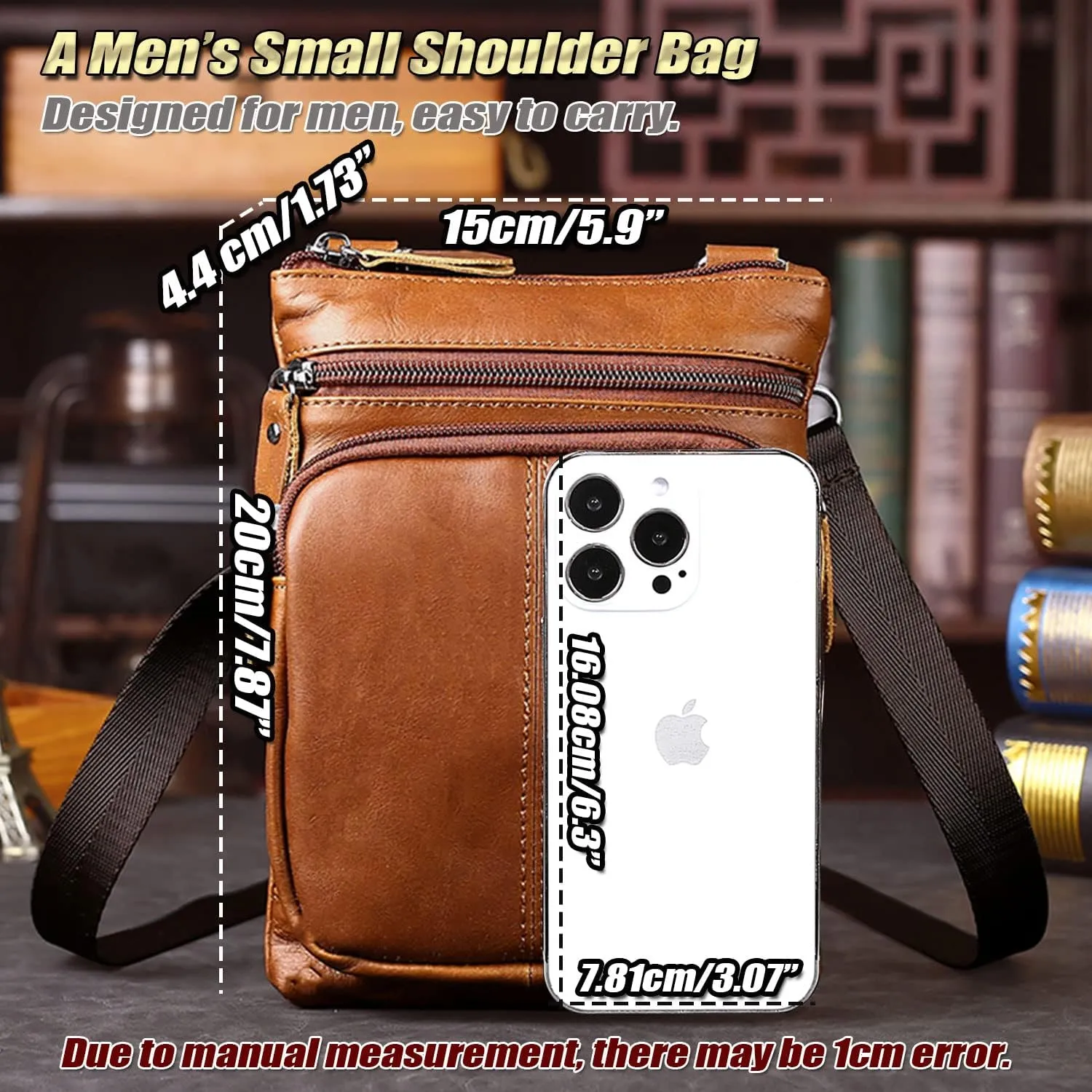 Classic Premium Leather Shoulder Bag for Men Vintage Small Cell Phone Crossbody Messenger Bag with Multi Separate Pockets