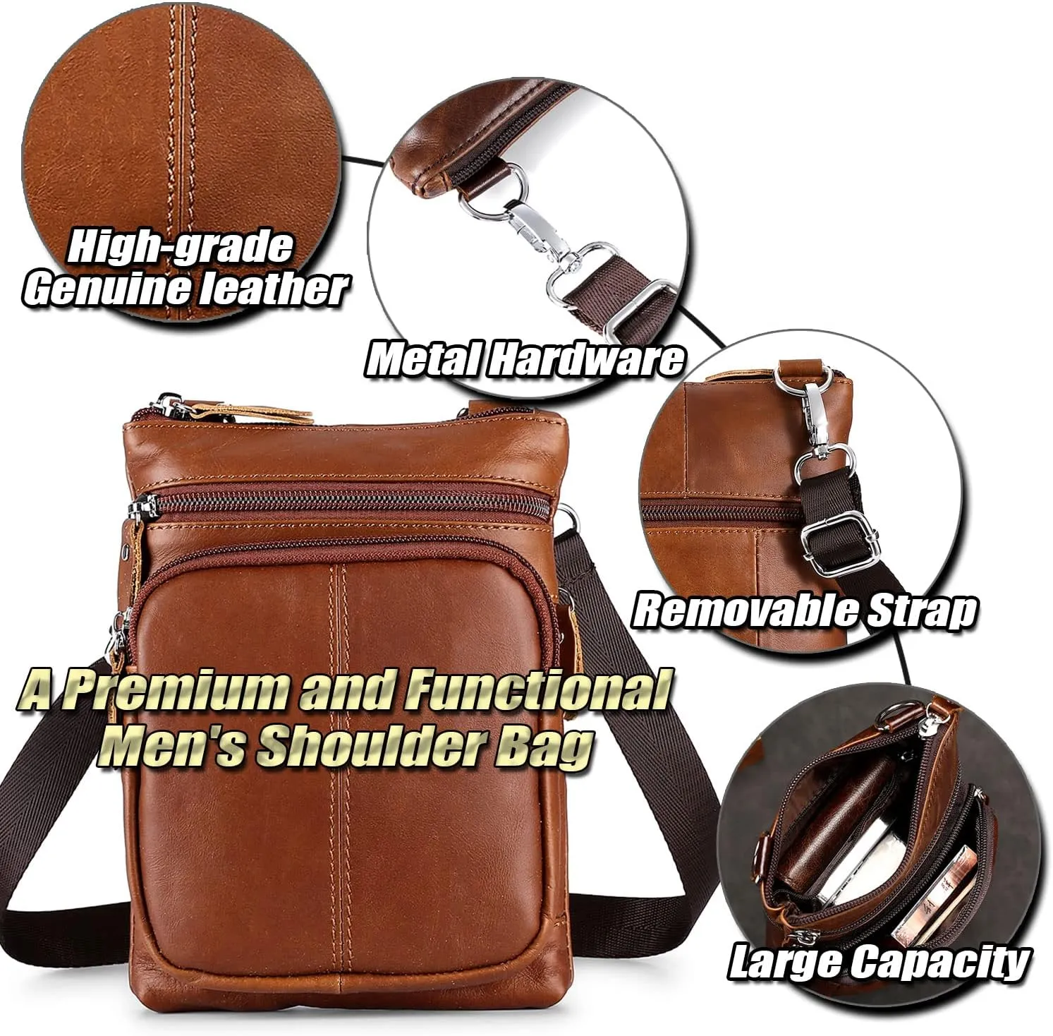 Classic Premium Leather Shoulder Bag for Men Vintage Small Cell Phone Crossbody Messenger Bag with Multi Separate Pockets