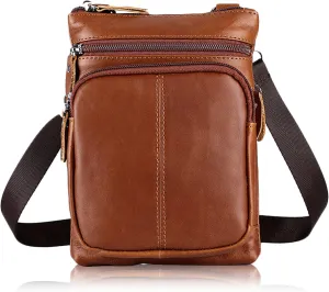 Classic Premium Leather Shoulder Bag for Men Vintage Small Cell Phone Crossbody Messenger Bag with Multi Separate Pockets