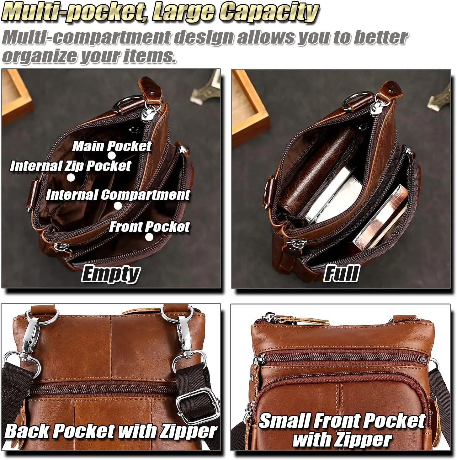 Classic Premium Leather Shoulder Bag for Men Vintage Small Cell Phone Crossbody Messenger Bag with Multi Separate Pockets