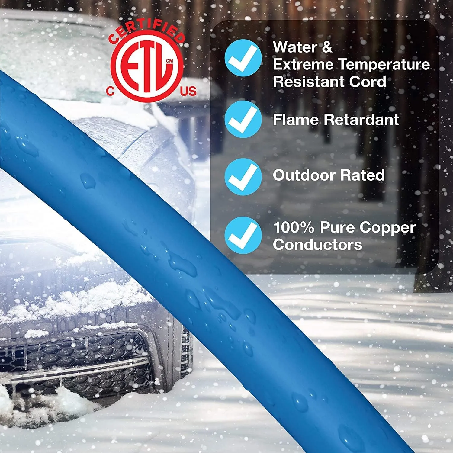 Clear Power 100 ft 14/3 SJTW -50°C Extreme Cold Weather Outdoor Indoor Extension Cord, Blue, Grounded Plug and Lighted Connector, Ideal for Snow Blowers and Power Tools, DCOC-0078-DC