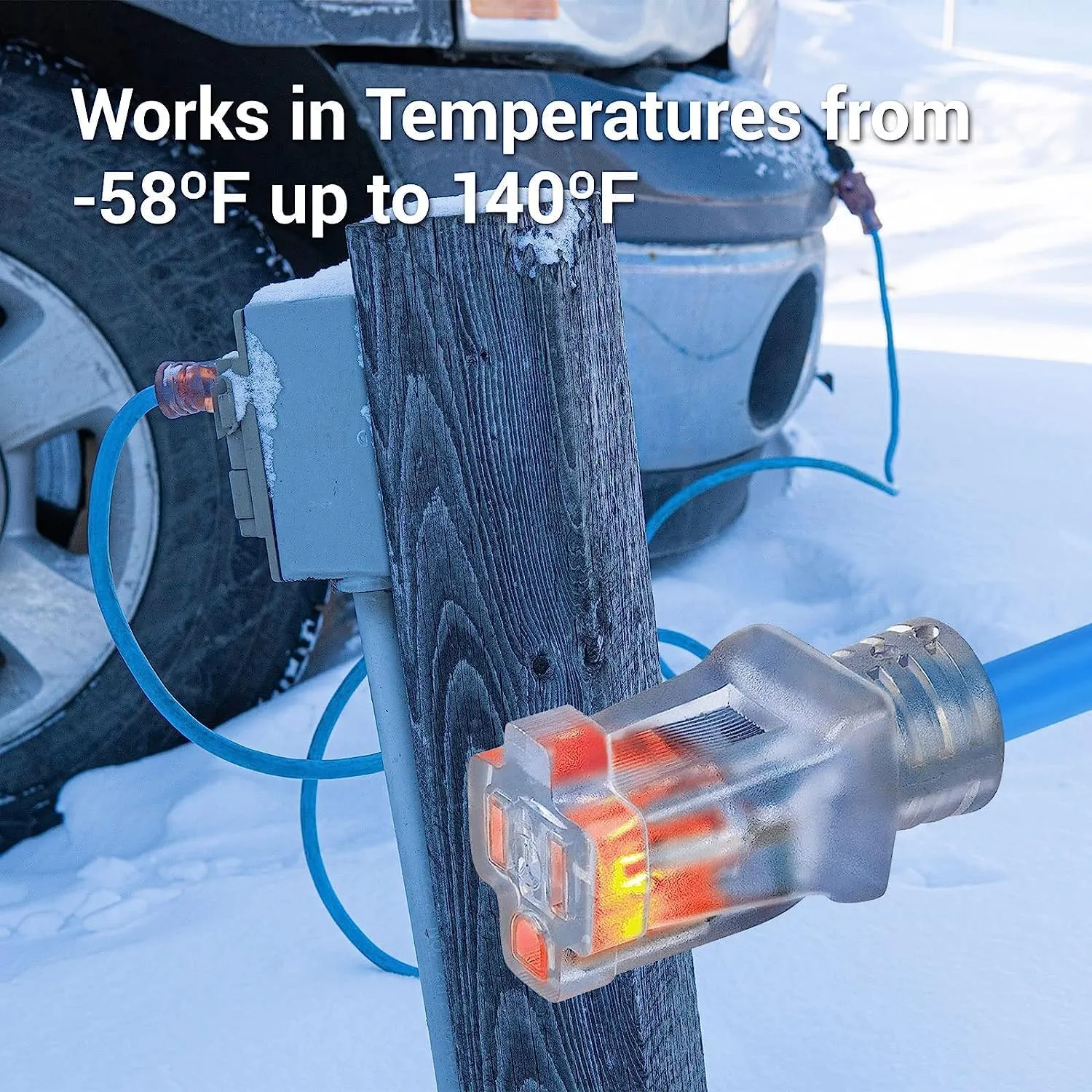Clear Power 100 ft 14/3 SJTW -50°C Extreme Cold Weather Outdoor Indoor Extension Cord, Blue, Grounded Plug and Lighted Connector, Ideal for Snow Blowers and Power Tools, DCOC-0078-DC