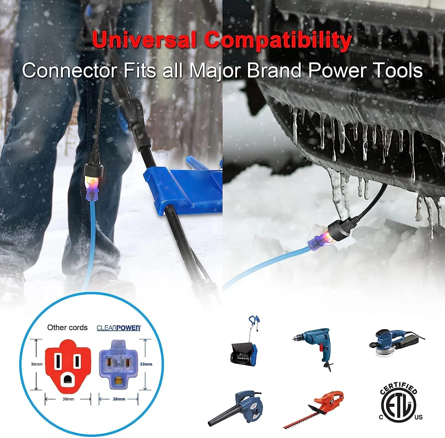 Clear Power 100 ft 14/3 SJTW -50°C Extreme Cold Weather Outdoor Indoor Extension Cord, Blue, Grounded Plug and Lighted Connector, Ideal for Snow Blowers and Power Tools, DCOC-0078-DC