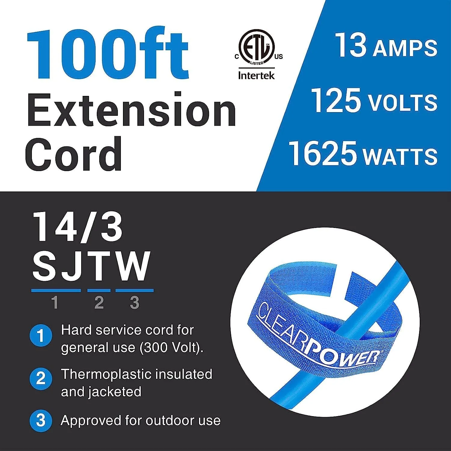 Clear Power 100 ft 14/3 SJTW -50°C Extreme Cold Weather Outdoor Indoor Extension Cord, Blue, Grounded Plug and Lighted Connector, Ideal for Snow Blowers and Power Tools, DCOC-0078-DC