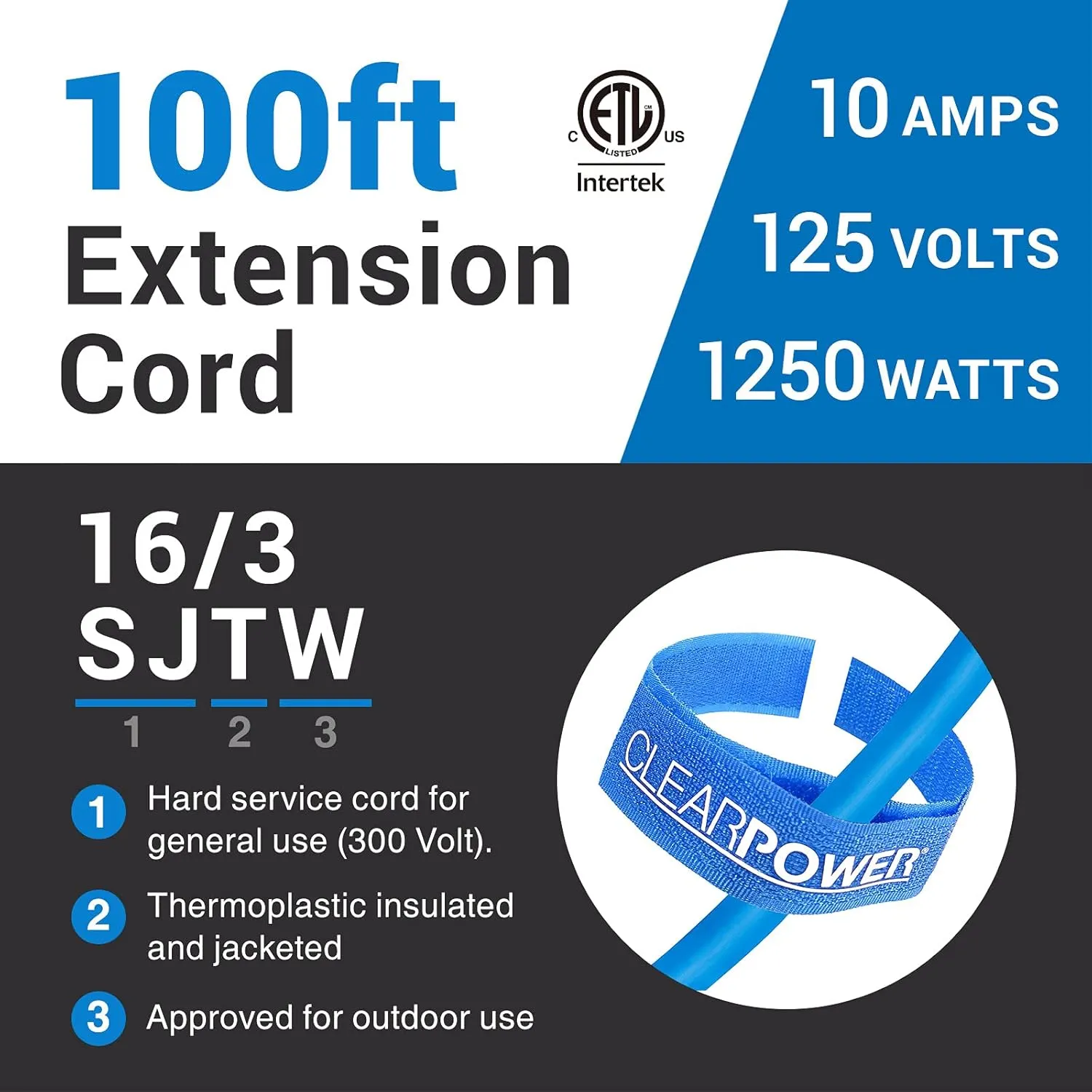 Clear Power 100 ft Extreme Cold Weather Outdoor Extension Cord, Lighted End, 16/3 SJTW, Works Down to -50°C, Power Indicator Light, 3-Prong Grounded Plug, Blue, DCOC-0075-DC