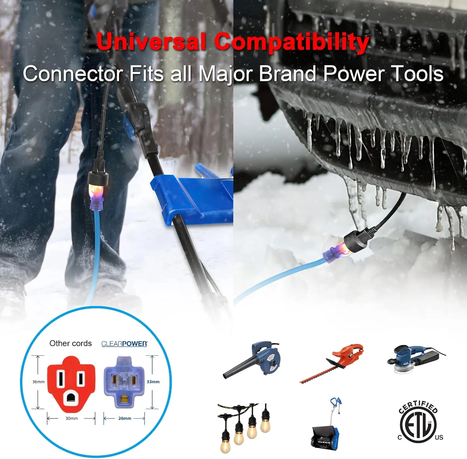 Clear Power 100 ft Extreme Cold Weather Outdoor Extension Cord, Lighted End, 16/3 SJTW, Works Down to -50°C, Power Indicator Light, 3-Prong Grounded Plug, Blue, DCOC-0075-DC