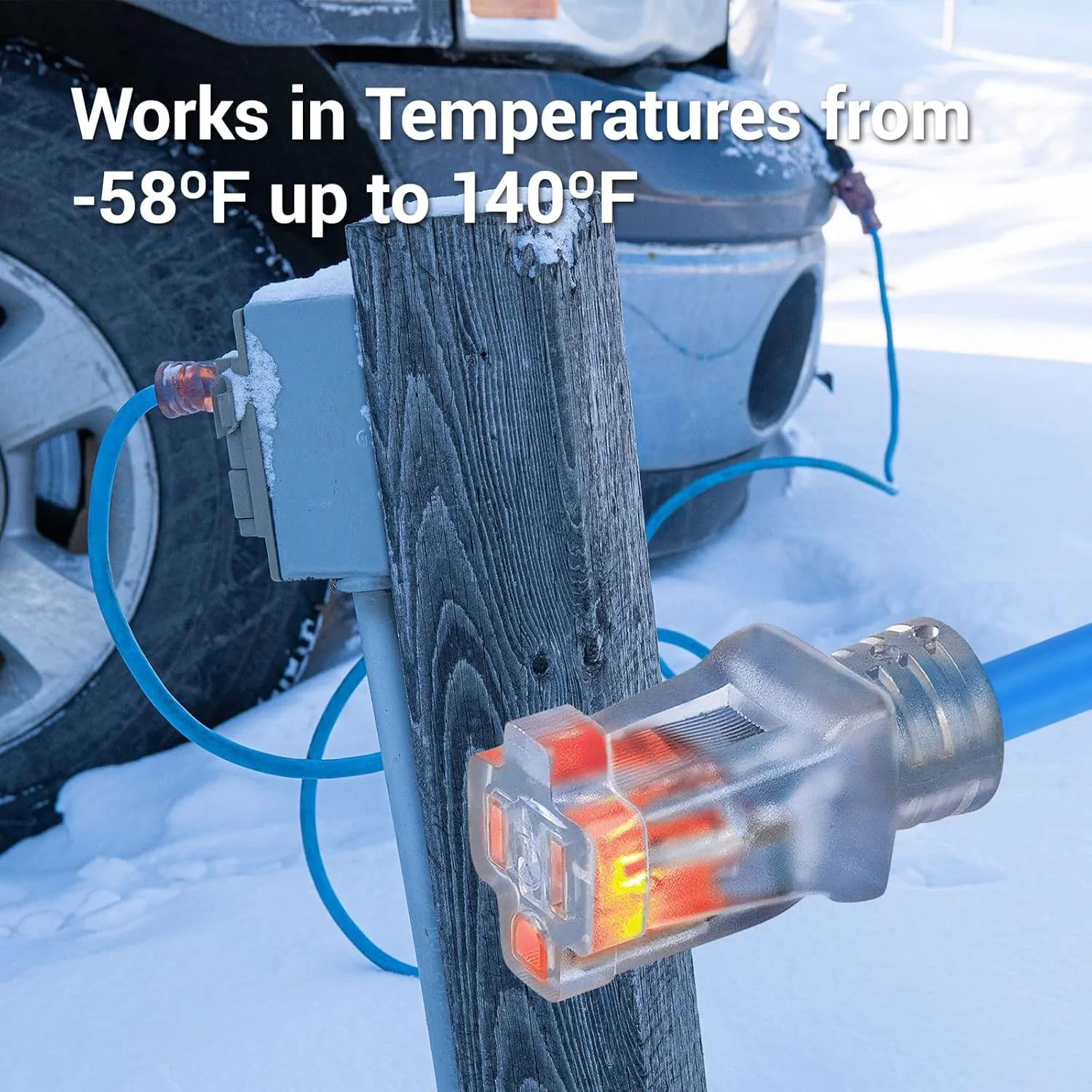Clear Power 100 ft Extreme Cold Weather Outdoor Extension Cord, Lighted End, 16/3 SJTW, Works Down to -50°C, Power Indicator Light, 3-Prong Grounded Plug, Blue, DCOC-0075-DC