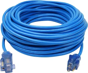 Clear Power 100 ft Extreme Cold Weather Outdoor Extension Cord, Lighted End, 16/3 SJTW, Works Down to -50°C, Power Indicator Light, 3-Prong Grounded Plug, Blue, DCOC-0075-DC