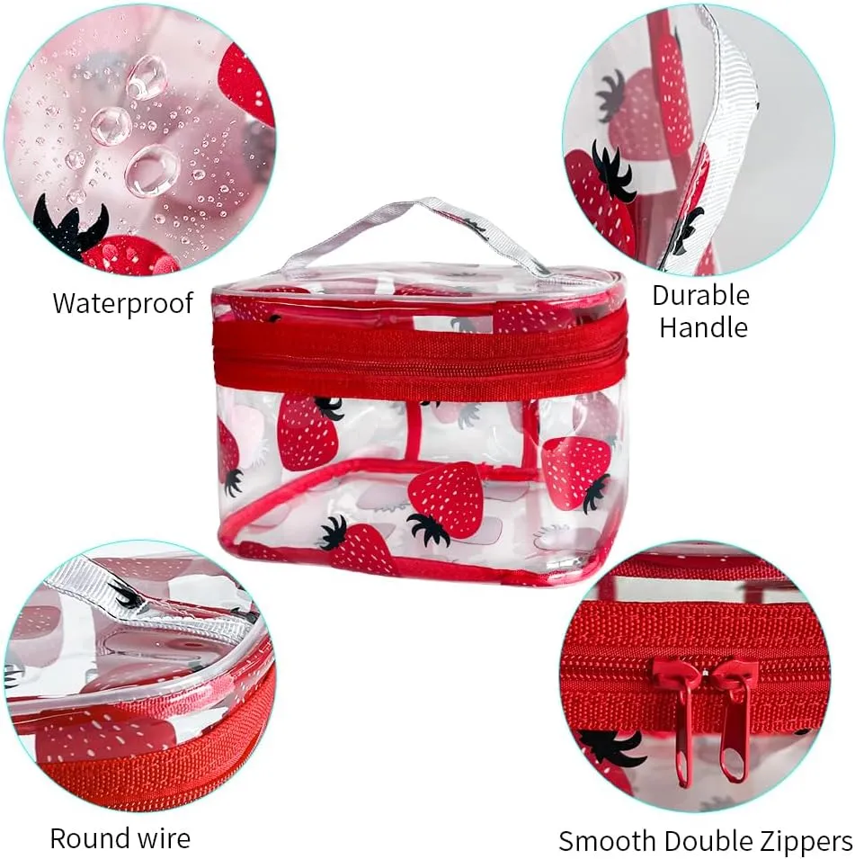 Clear Printed Fruit Cosmetic Bag and Travel Pouch with Handle-Durable PVC Material,Versatile,Zipper Design for Smooth Sliding-Ideal for Makeup,Travel Essentials (Strawberry 1)