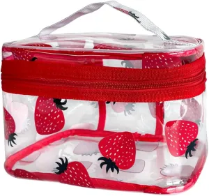 Clear Printed Fruit Cosmetic Bag and Travel Pouch with Handle-Durable PVC Material,Versatile,Zipper Design for Smooth Sliding-Ideal for Makeup,Travel Essentials (Strawberry 1)
