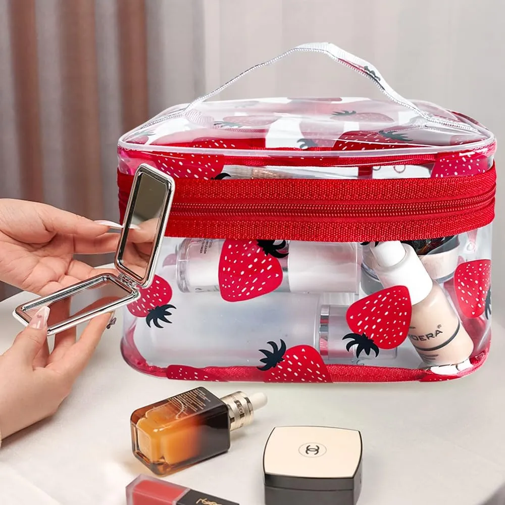 Clear Printed Fruit Cosmetic Bag and Travel Pouch with Handle-Durable PVC Material,Versatile,Zipper Design for Smooth Sliding-Ideal for Makeup,Travel Essentials (Strawberry 1)