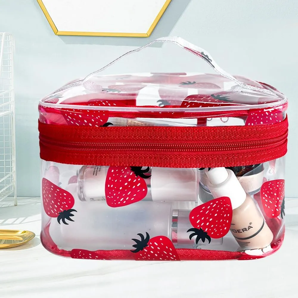 Clear Printed Fruit Cosmetic Bag and Travel Pouch with Handle-Durable PVC Material,Versatile,Zipper Design for Smooth Sliding-Ideal for Makeup,Travel Essentials (Strawberry 1)