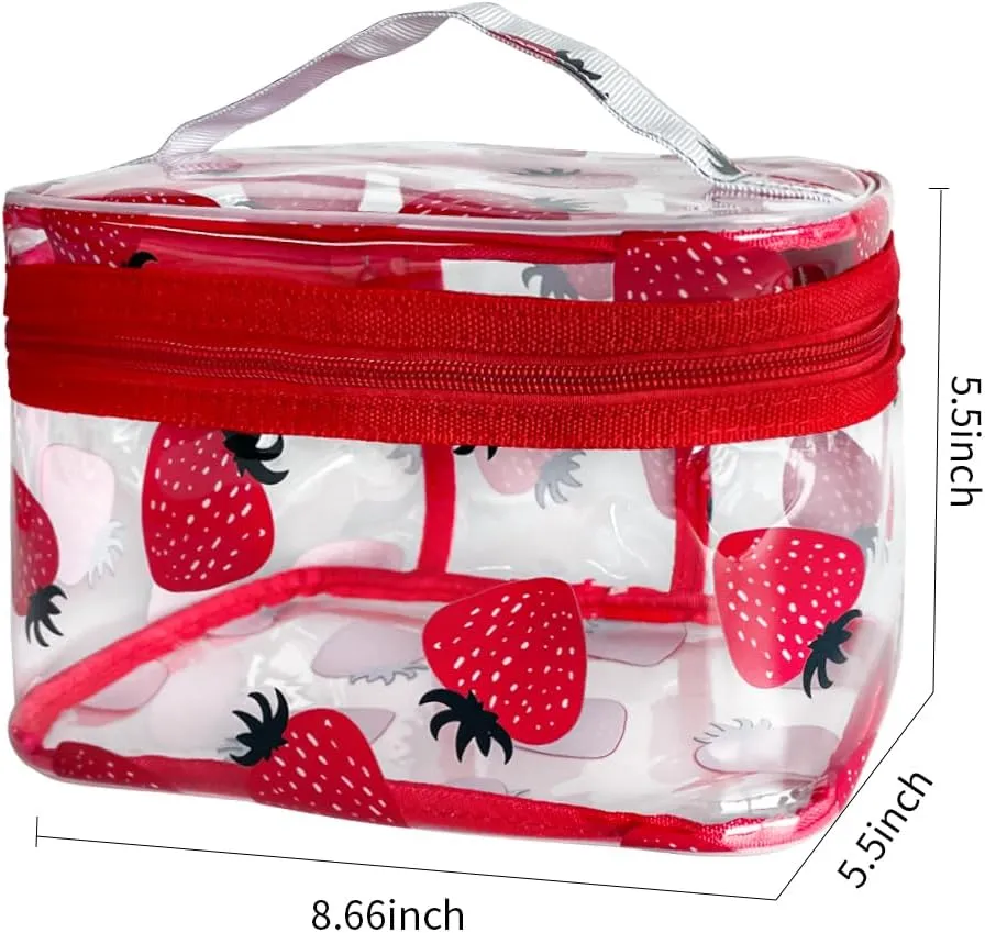 Clear Printed Fruit Cosmetic Bag and Travel Pouch with Handle-Durable PVC Material,Versatile,Zipper Design for Smooth Sliding-Ideal for Makeup,Travel Essentials (Strawberry 1)